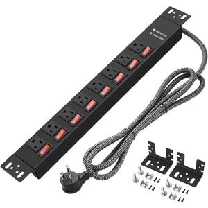 Rack Mount Power Strips,8 Outlet Strips with Individual Switches, PDU Power Strip for Server Racks, 14AWG Heavy-Duty Braided Extension Cord,15A 125V 1875W (10 FT Cable)