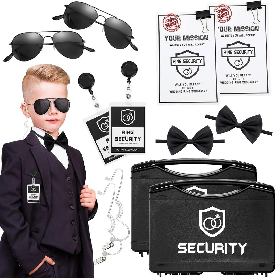 Mepase 14 Pcs Ring Wedding Bearer Security Set Include Ring Bearer Box ID Badge Holder Sunglass Acoustic Earpiece Tube Mission Card with Binder Clip Bow for Kids (Pp Plastic Suitcase)