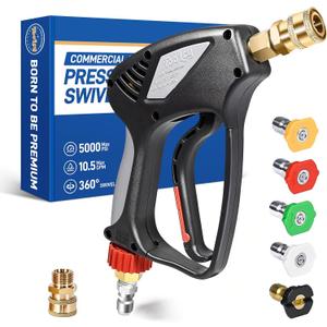 TOOLCY Pro Short Pressure Washer Gun 5000 PSI with 360 Swivel,3/8" Quick Connect Inlet, High Pressure Washer Gun with 1/4" Quick Connect Outlet, Includes 3/8" QC to M22-14mm Adapter & 5 Nozzle Tips