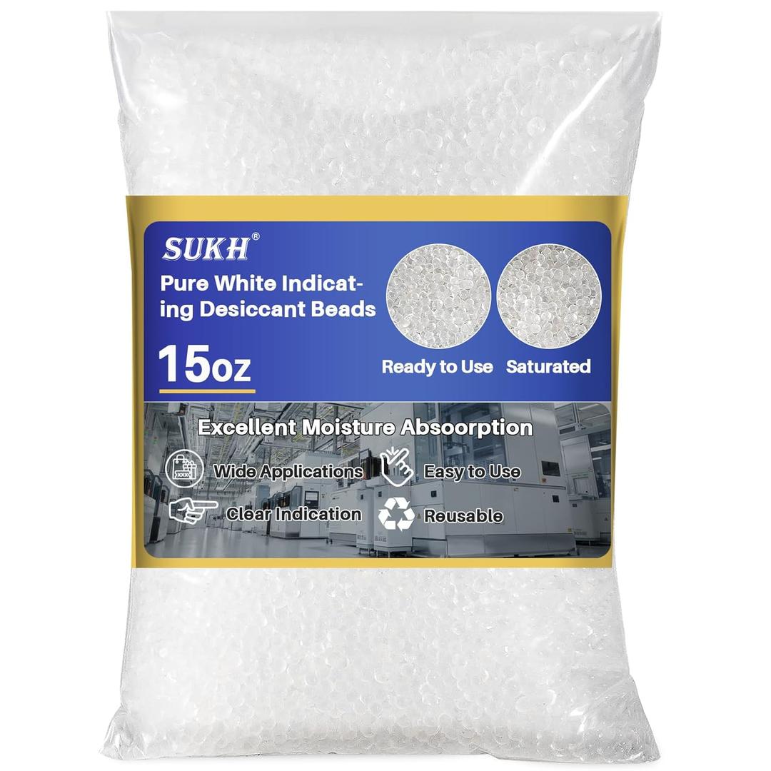 Sukh Pure White Silica Desiccant Beads 430G - Indicating Silica Gel Beads Drying Silicone Beads Reusable Desiccant Dehumidifier for Camera,Electronic,Books,Documents,Clothes,Painting,Jewelry