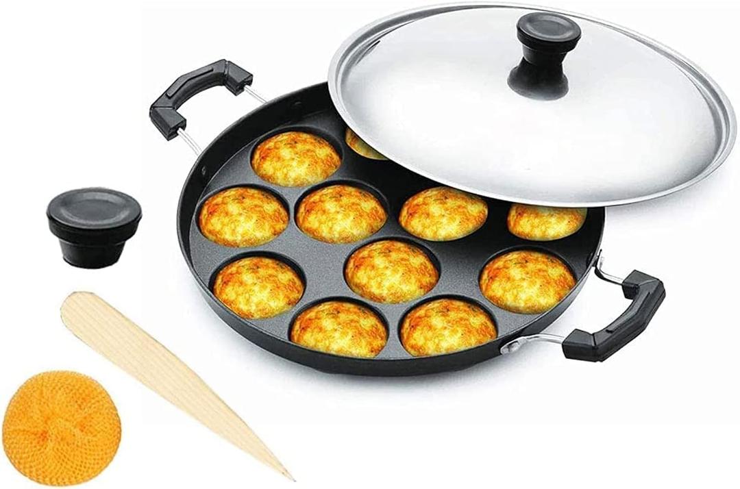 Nonstick Aluminum Appam Pan, 12 Pits, Includes Lid, Easy to Clean, Dimension: Length 9", Width 9", Height 2"