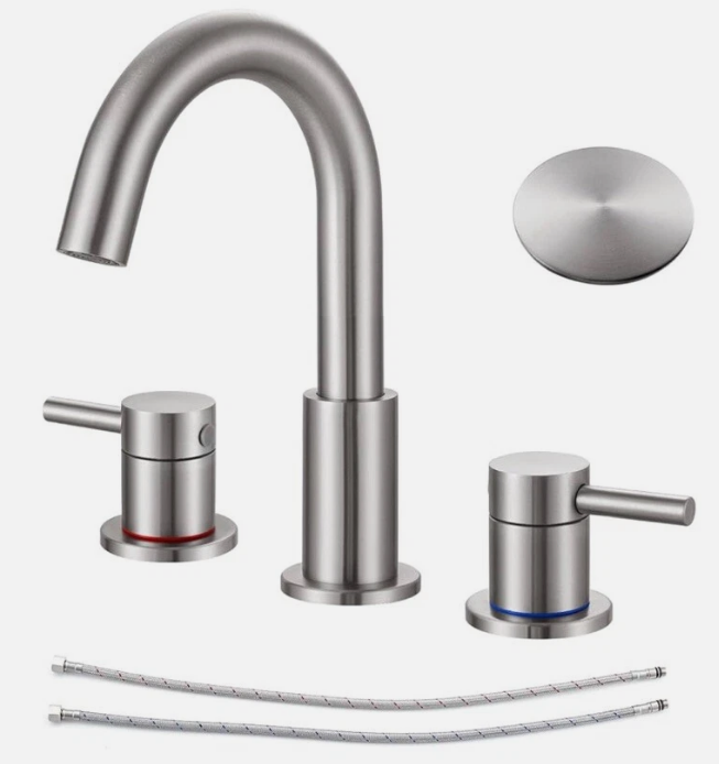 KZH Pull Out Bathroom Faucet for Sink 3 Hole 8 inch Spread Brushed Nickel, Bathroom Sink Faucet with Pop Up Drain, Widespread Faucet with Water Supply Hoses