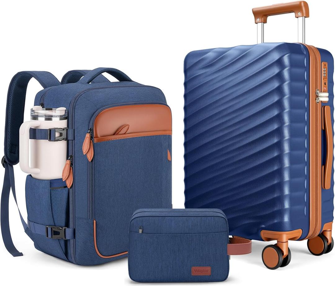 3 Piece Luggage Set with Travel Backpack, 20 PC Hardside Suitcase with Spinner Wheels, Flight Approved Carry On Luggage with YKK Zippers & TSA Lock (Blue)