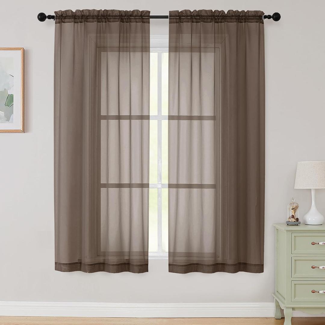 Sheer Chocolate Curtains for Bedroom Living Room 63 Inch Length 2 Panels, Airy Soft Light Filtering Sheer Dining Room Curtains, Modern Rod Pocket Drapes, Chocolate, Each 42" Wx63 L Inches
