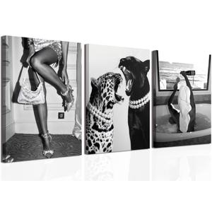 Bathroom Fashion Leopard Print Black and White Canvas Wall Art Trendy Women Posters Paintings Luxury Feminist Pictures Wall Decor for Bedroom Living Room Hallway Home Decoration 16x24 In Framed