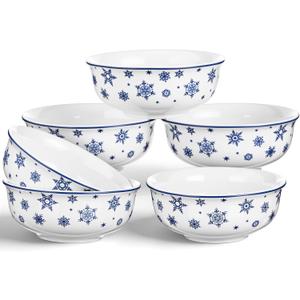 Teenyyou 6 Set Christmas Ceramic Bowl 9.5 oz Small Serving Bowls Holiday Dinnerware for Soups Desserts Snacks Cereal Rice Dips (Snowflakes)
