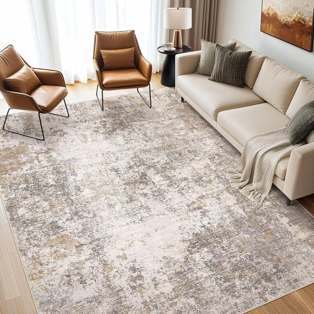 Area Rugs for Living Room: 10x14 Large Soft Washable Rug Modern Abstract Non-Slip Backing Stain Resistant Carpet for Bedroom Dining Room or Home Office Home Decor - Brown
