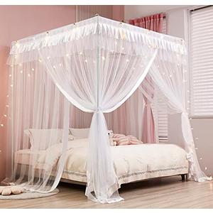 Mengersi Princess 4 Corners Post Bed Curtain Canopy Mosquito Net Princess Canopies (White, Full)