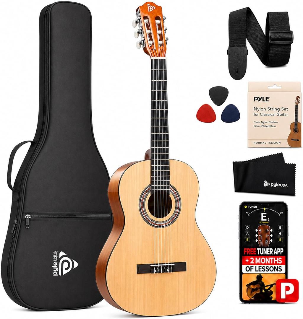 Pyle 34-Inch Beginner Classical Guitar Kit, 1/2 Size Junior Nylon String Acoustic Guitar for Kids and Adults, Includes Gig Bag, Strap, Spare Strings, Picks, Tuner App, 2-Month Lessons, Natural Gloss