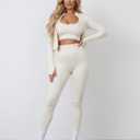 Women 3 Piece Seamless Workout Set Sports Bra High Waisted Gym Yoga Leggings Zip Up Jacket with Thumbhole Activewear (Beige, L)