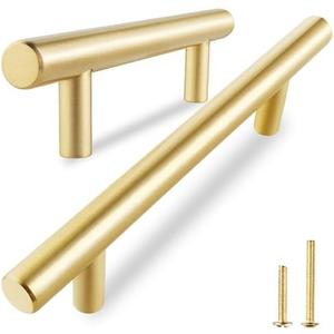QOGRISUN 5-Pack Solid Brass Cabinet Pulls, Gold Euro Stvle T-Bar Handles, 6-1/4 Inch Hole Center for Kitchen Drawers, Cupboard, Dresser, Bathroom Vanity, Brushed Brass Finish