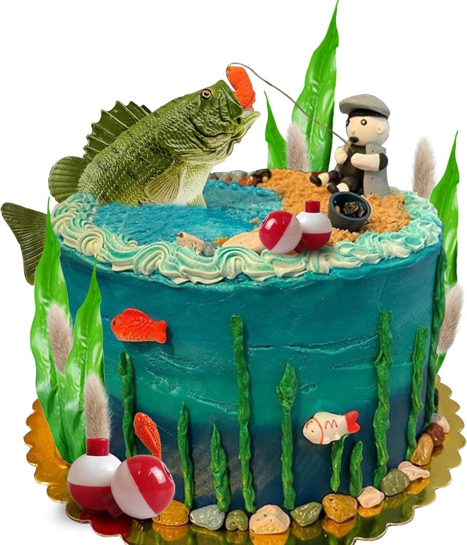 24PCS Gone Fishing Cake Topper Fisherman Fish Cake Decoration for Catching the Big One Birthday Theme Party Supplies