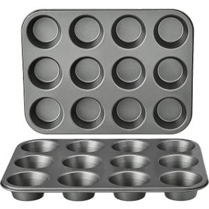 Amazon Basics Nonstick Round Muffin Baking Pan, 12 Cups, Set of 2, Gray, 13.9x10.55x1.22"