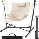 Hammock Chair with Stand Included Hanging Chair Macrame Boho Handmade Adjustable Swing with Headrest and Side Pocket Indoor Outdoor Patio Yard Garden Porch 450lbs Capacity (Gray) (Grey)