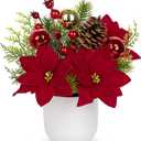 Small Christmas Tree Artificial Potted - 9" Mini Fake Poinsettias Plant Table Decor with Xmas Ball Ornaments Berry Centerpiece Indoor for Winter Floral Arrangements Home Party Mantel Office Farmhouse