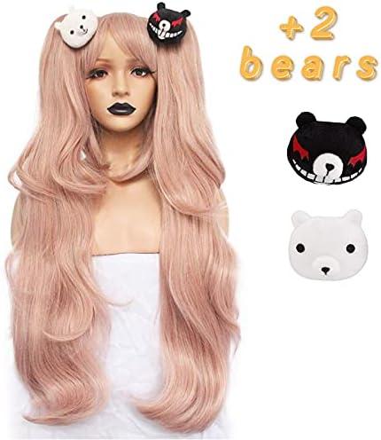 Anogol Hair Cap+ ( 2 Bears ) Light Pink Cosplay Wig Long Synthetic Wig For Girls Costume Party Halloween Christamas Wig With Hair Accessory