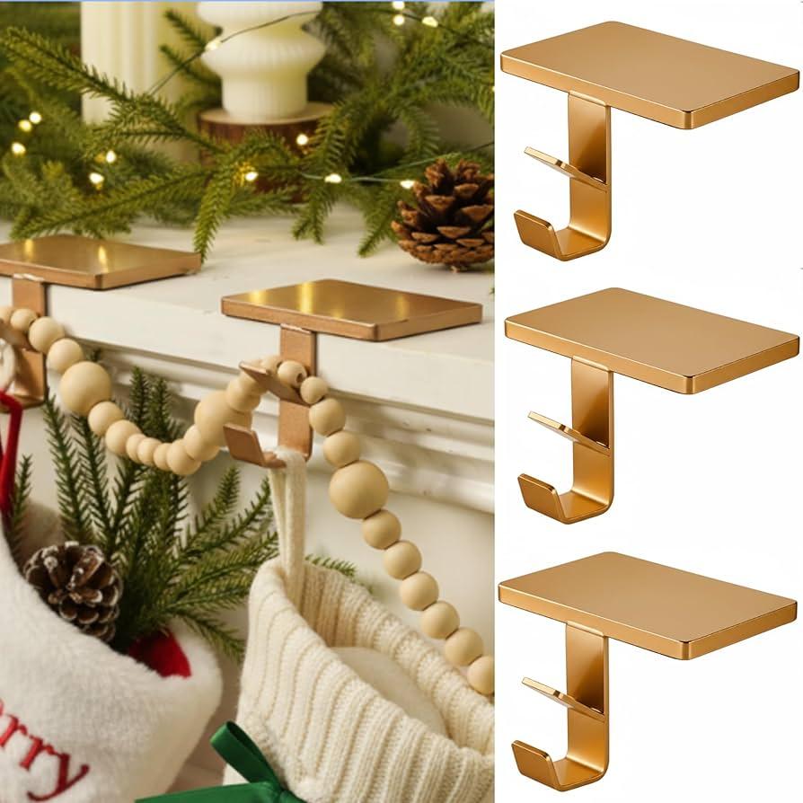 2 in 1 Fireplace Garland and Stocking Hangers for Mantel Heavy Duty Christmas Stocking Holders for Mantle Metal Garland Hooks Xmas Holiday Decoration(Brass,6 pack)