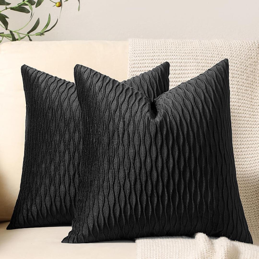DEZENE Black Striped Decorative Pillow Covers: 2 Pack 16x16 Inch Original Velvet Square Throw Pillow Cases for Farmhouse Couch