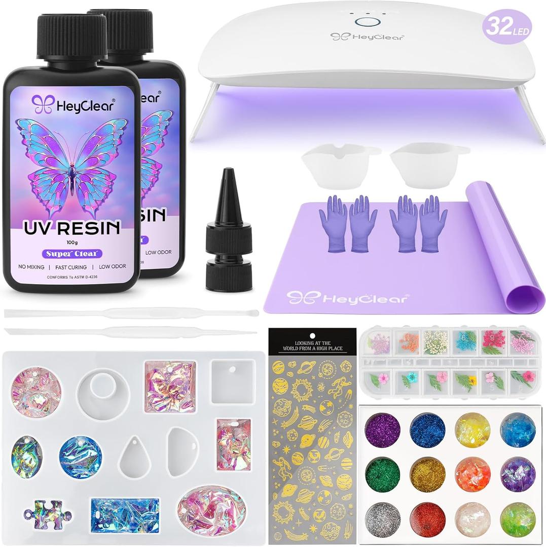 HeyClear UV Resin Kit 200g with Upgraded Large UV Light, Molds and Casting Tools -Super Clear, Hard, Premixed and Fast Curing UV Glue for Coating, Jewelry Making, DIY Craft Decorations