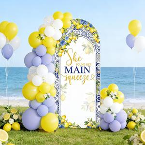 AIBIIN 6ft Lemon Wedding Arch Backdrop Cover, She Found Main Squeeze Arch Covers, 2-Sided Round Top Chiara Blue Tile Bridal Shower Party Arch Decorations