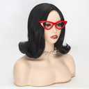 Short Black Bob Wig for Women Cosplay Costume Halloween+ Red Glasses