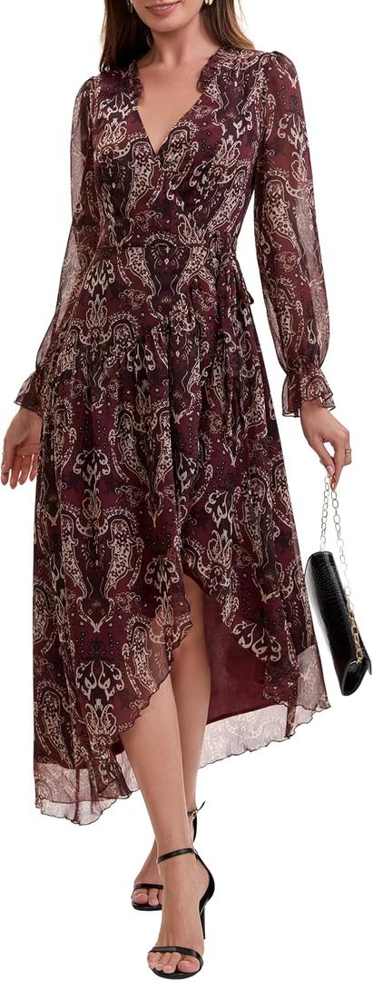 Women's Bohemian Floral Print Tie-Waist Wrap Midi Dress - Long Sleeve V-Neck Asymmetrical Hem Flowy Chiffon Dress, XL