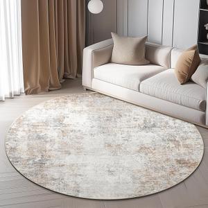 jinchan Round Rug 6ft Modern Area Rug 6' Round Circle Mat Washable Abstract Distressed Floor Cover Taupe Multi Contemporary Non-Slip Overdyed Thin Carpet for Living Room Dining Room Bedroom Kitchen