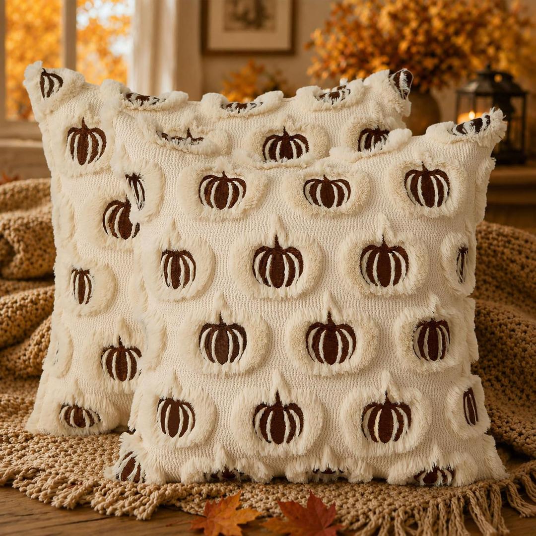 DFXSZ Fall Pillow Covers 18x18 Set of 2 Brown Pumpkins Embroidery Beige