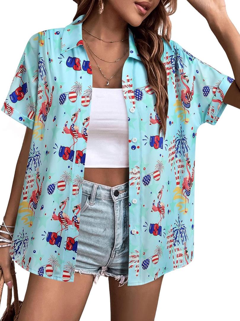 ZXZY Mama Shirt Hawaiian Short Sleeve Blouses Fourth of July Shirts for Women Vneck Tshirts Tops (XL)