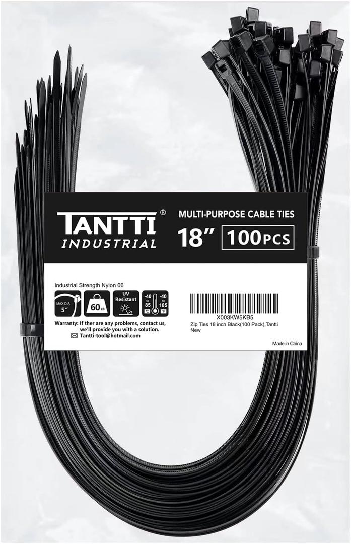 Zip Ties 18 inch (100 Pack), Black, 60lb Tensile Strength, UV Resistant Cable Ties for indoor and outdoor use, by Tantti Supply