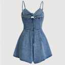 OYOANGLE Women's Vintage Bowknot Spaghetti Strap Denim Romper Sleeveless Wide Leg Jean Short Jumpsuits