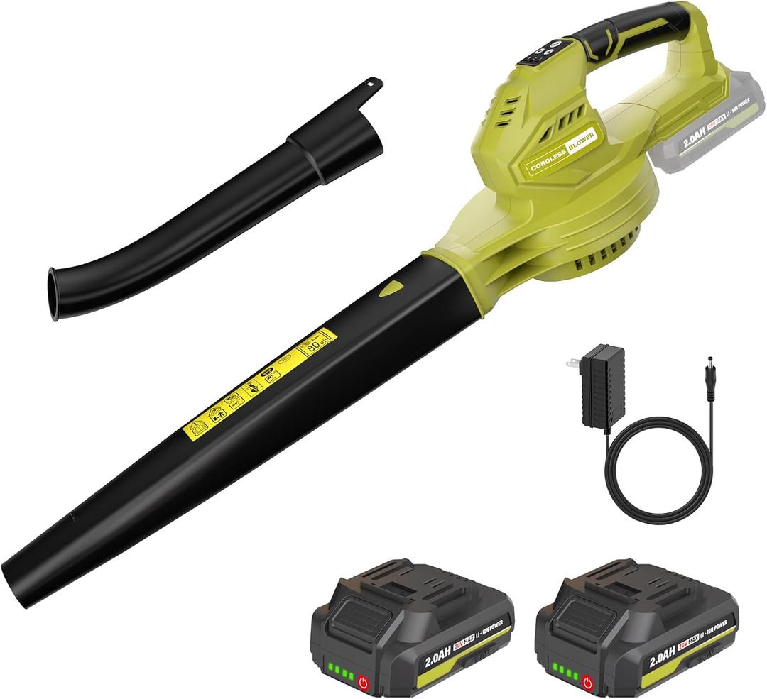 Leaf Blower Cordless, 20V Electric Blower with 2 X 2.0Ah Batteries and Fast Charger, 3 Speed Control, Handheld Lightweight Blower for Patio, Garden Cleaning, Dust, etcLemon Green