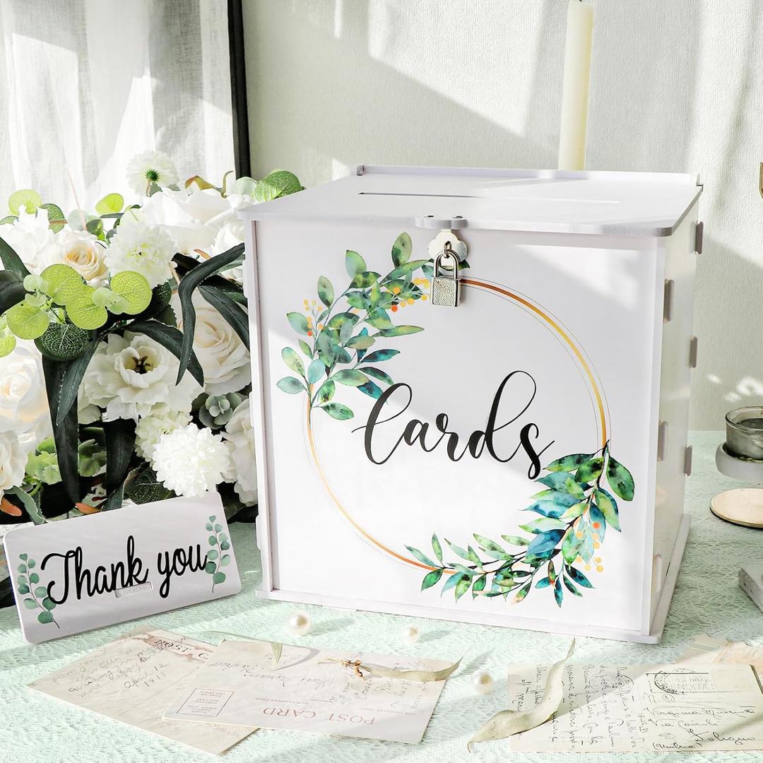OurWarm White Wedding Card Box with Lock & Slot, PVC Card Box for Wedding Reception, Eucalyptus Wedding Envelope Money Card Box for Party Graduation Birthday Bridal Shower Decorations