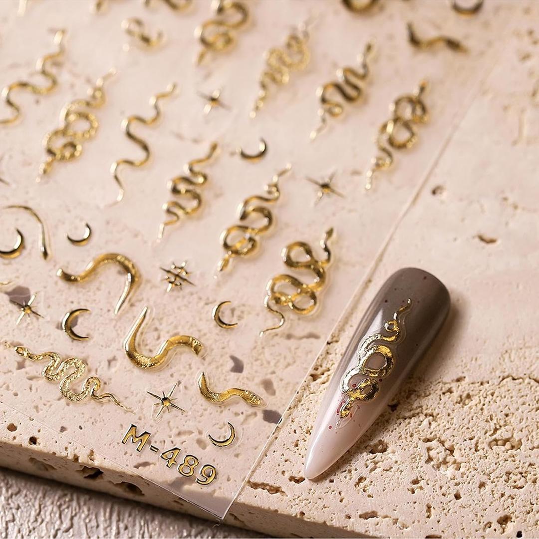4 x 5D Embossed Snake Nail Art Stickers Gold Snake Nail Stickers Self-Adhesive Summer Nail Decals Moon Star Nail Art for Acrylic Nails Press on Snake Nail Supplies for Women Girls Manicure DIY