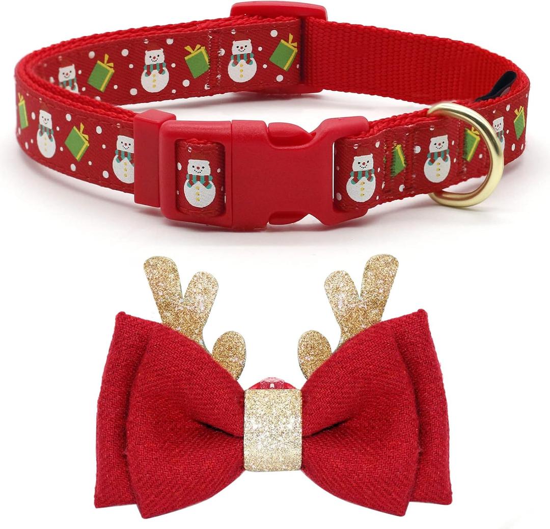 azuza Christmas Pet Collar Adjustable Xmas Dog Collar with Christmas Antler Bow tie Accessories Snowman Dog Collar for Puppy and Small Dogs (XS - Neck: 8-12 inch)