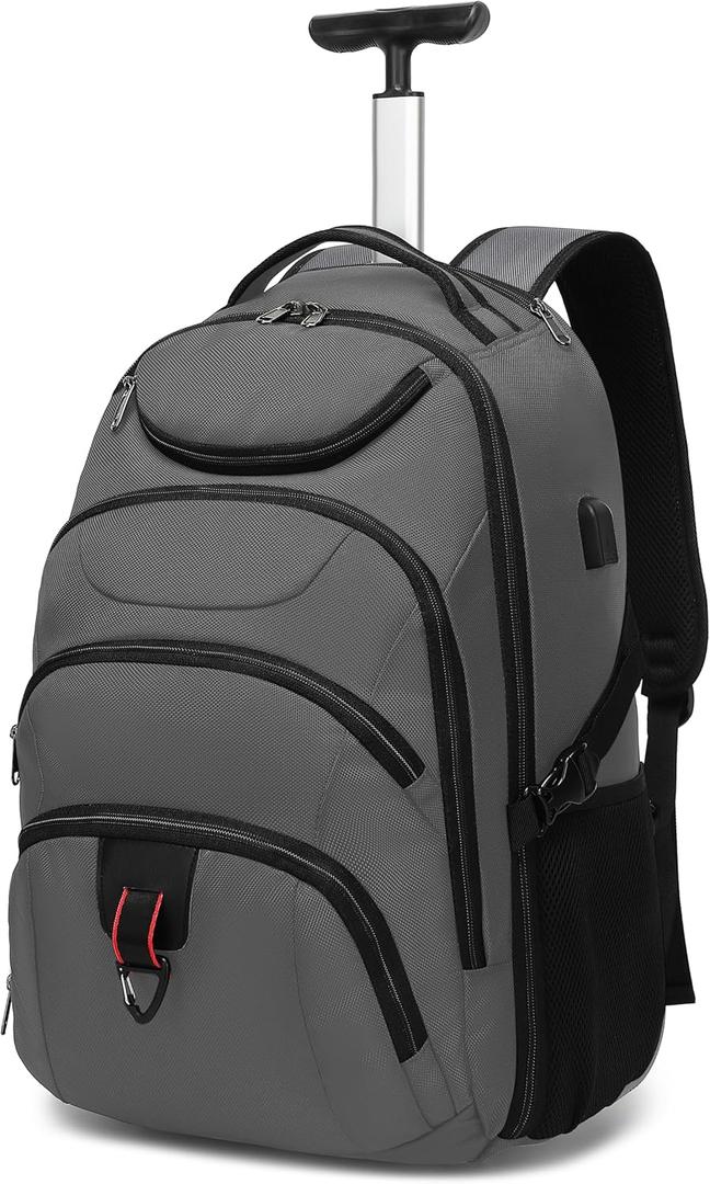 Boavan Rolling Backpack,17 inch Water Resistant Wheeled Backpack,Carry on Luggage Business Bag, Overnight College Computer bag Trolley Suitcase for Men Women Adults to TravelGrey