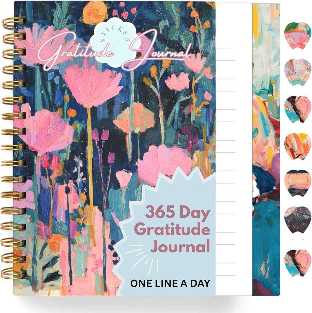 One Minute Gratitude Journal - One Line a Day - Daily Gratitude Sticker Journal for Happiness, Mindfulness, Positivity and Reflection - Hardcover Spiral Bound Yearly Diary for Personal Growth