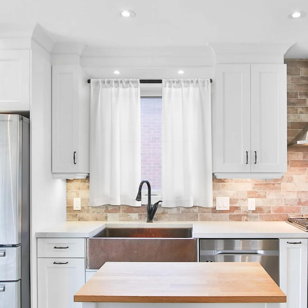 Linen Textured Semi Sheer Kitchen Tiers Curtains, 30 Inches Long, Rod Pocket Cafe Drapes for Bathroom, Laundry Room, RV (2 Panels, White, 30" W x 30" L)