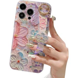 siduater Hand Strap Holder Case for 6.7" iPhone 15 Pro Max with Kickstand - Wrist Strap Band Soft Design Shockproof Cover, Adjustable Handle Grip Loop for iPhone 15 Pro Max 6.7 Inch, Floral Pink