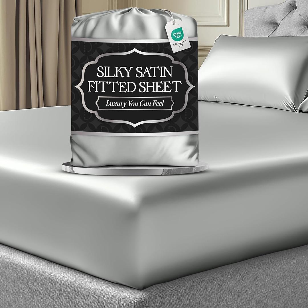 DECOLURE Satin Fitted Sheet Full Size (1 PC)  Luxuriously Smooth & Softer Than Silk Bed Sheets w/ 15 Inch Deep Pocket Hypoallergenic Wrinkle Free, Secure Snug Fit, Elastic Corner Straps (Grey)