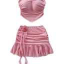 Verdusa Women's 2 Piece Outfits 3D Flower Ruched Crop Tube Top with Ruffle Mini Skirt Y2k Vacation Sets Large