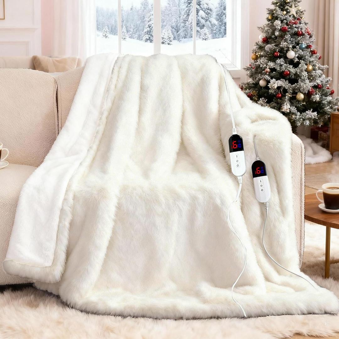 Heated Blanket with 10 Hours Auto-Off 6 Heat Level, Cozy Shaggy Faux Rabbit Fur Electric Blanket with Overheating Protection (White, 84"X90")