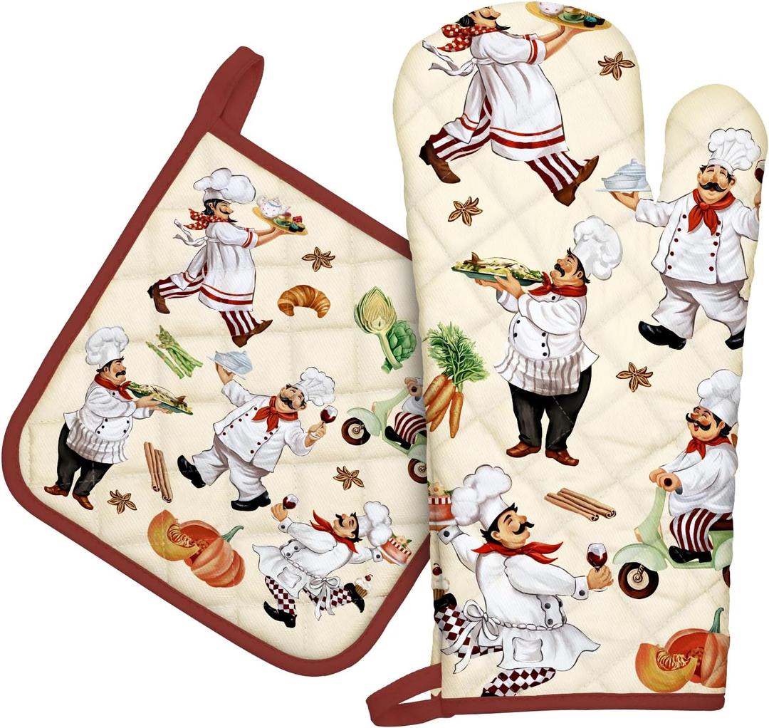 Chef Oven Mitts and Pot Holders Sets 2Pcs, 100% Cotton Heat Resistant, Extra Long Oven Gloves Potholder for Kitchen Cooking Baking Decoration, Housewarming Gifts for Mom