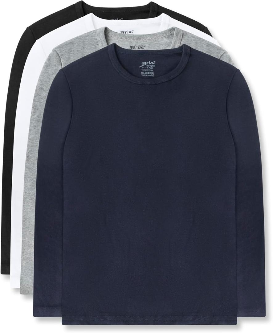 Brix Boys' Long Sleeve Tees - Tagless Crewneck Cotton Soft 4-pk Shirts. 2-20 (9-10 Years, White, Navy, Black, Grey)