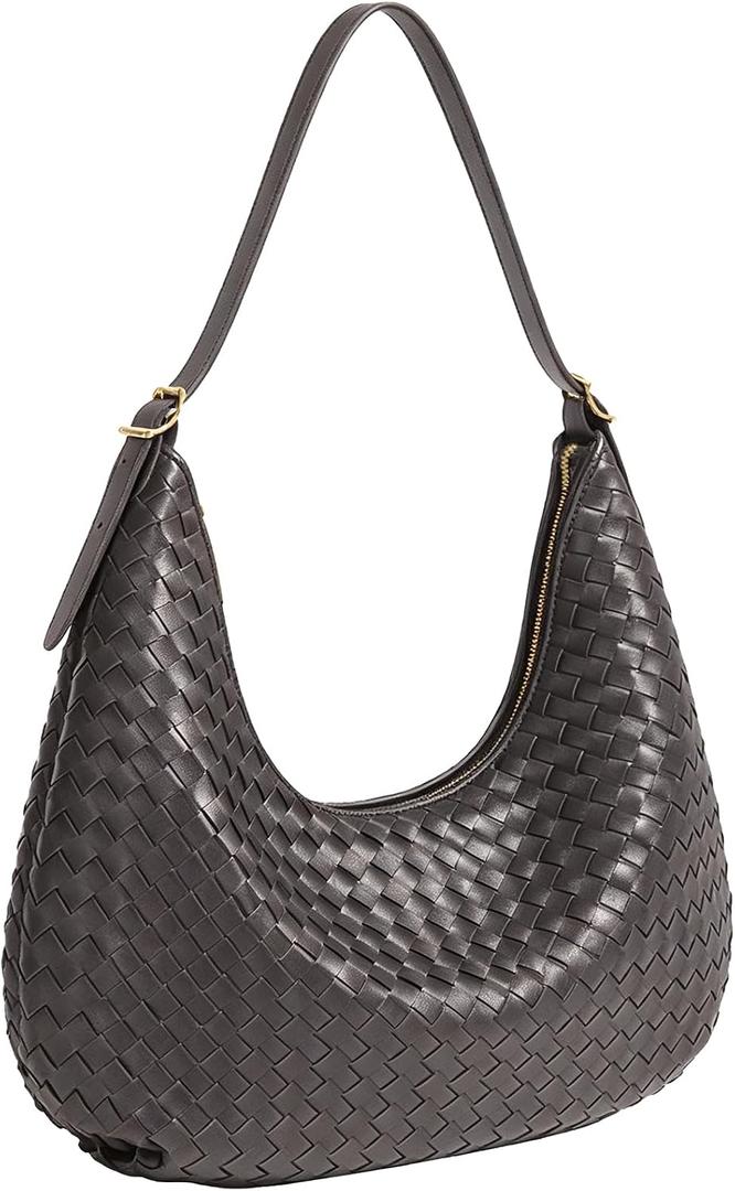 Woven Hobo Bag for Women, Crescent Shoulder Bag, Soft Vegan Leather, Gold Zipper, Daily Work Handbag