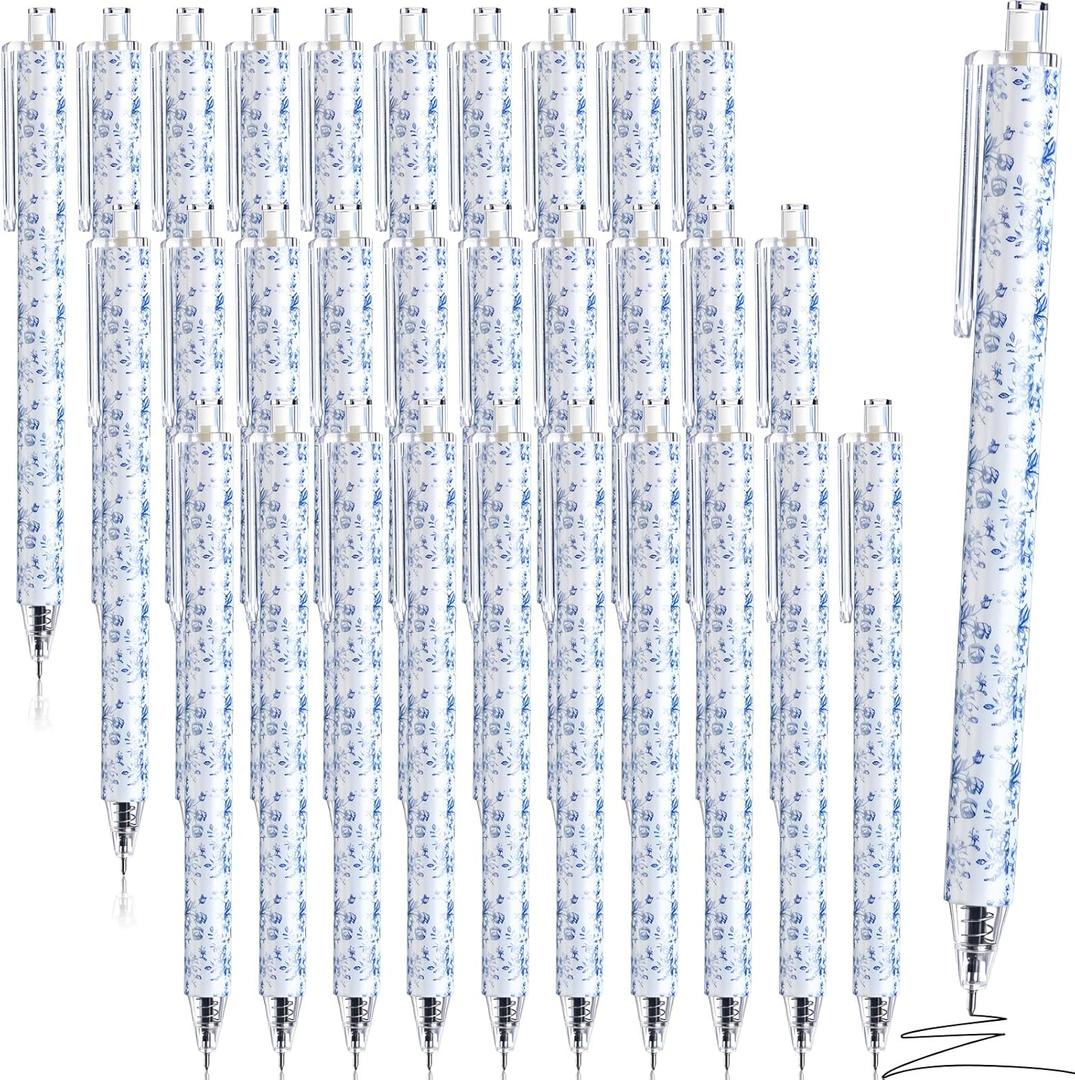 Resurhang 30 Pcs Blue and White Floral Ballpoint Pens 0.5 mm Black Ink Chinoiserie Gel Pens Vintage Aesthetic Retractable Ballpoint Office School Supplies for Bridal Baby Shower Wedding