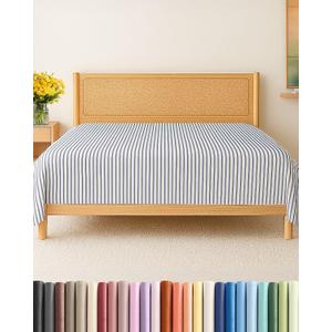 Queen Size Flat Sheet - Hotel Quality Top Flat Bed Sheet Only - Ultra-Soft, Comfy, Breathable & Cooling - Fade & Wrinkle Free - Easy-Care, Stain & Shrink Resistant Bedding - Oeko-Tex - Blue Stripes