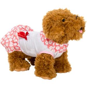 Floral Pet Dress with Red Bow, Large, Pink/White