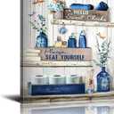 Rustic Bathroom Sign - 'Please Seat Yourself' Canvas Art, Navy Blue, Modern Home Decor, Framed, Ready to Hang, 16x20 Inch