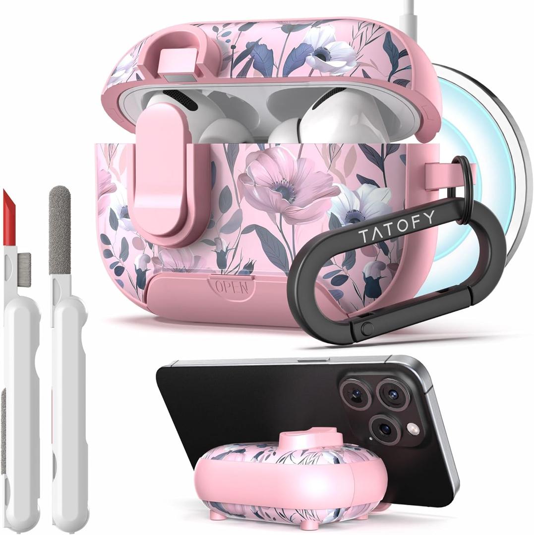 TATOFY for AirPod Pro 1st & 2nd Gen Case with Phone Stand Lock Carabiner Cleaning Kit, Floral AirPods Pro Hard Shell Dustproof Cover for Women, MagSafe Compatible (Pink 2, AirPods Pro & Pro 2)